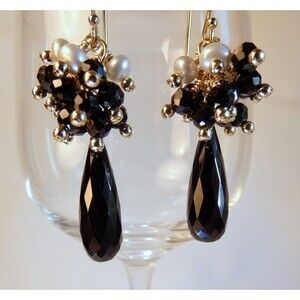 Black Spinel - White Fresh Water Pearl Gold Beaded Earrings